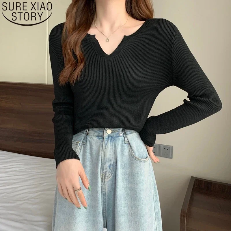 

2023 Autumn New Fashion V-neck Sweater Casual Knitted Pullovers Women Tops Solid Long Sleeve Sweaters Winter Clothes 16408