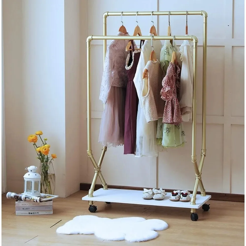 Kids Garment Rack Armoire Dress-up Closet, Rolling Pipe Open Clothing Rack with Wood Storage Shelf