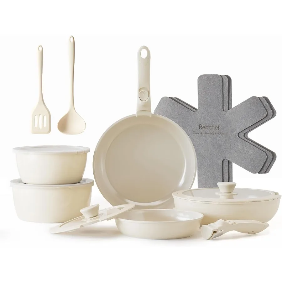 

16-piece Ceramic Pots and Pans Set with Detachable Handles for Outdoor Camping and Indoor Kitchen Use Nonstick Non Toxic Cookwa