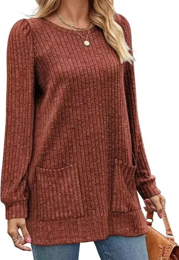 

Women's Autumn Winter Long Sleeve Pullover Bubble Sleeve Top Loose Casual Shirt with Pocket