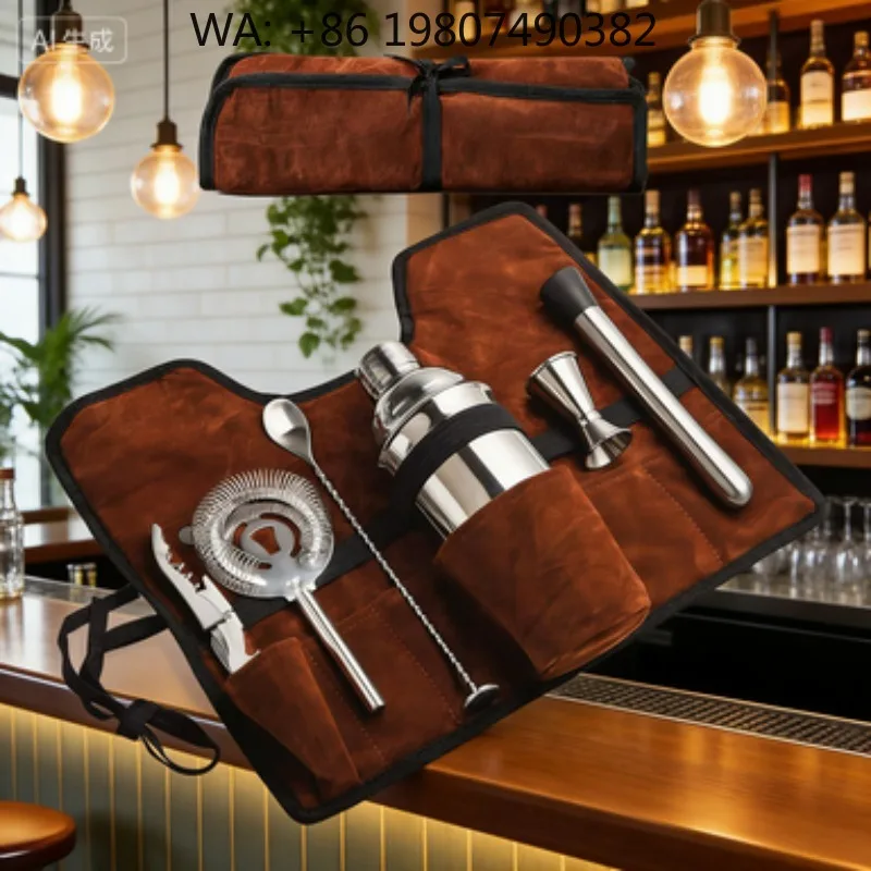 7Pcs Complete Stainless Steel Cocktail Shaker Bar Kit 750ml Full Accessories Jigger Muddler Storage Bag For Travel Bar Gift