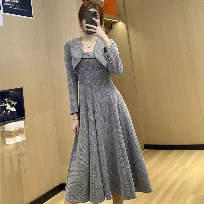 Elegant Women's Tweed Suit Dress 2-Piece Set Autumn 2024 New Style Slimming Waist-Fitted Prom Gowns Luxury Fashion