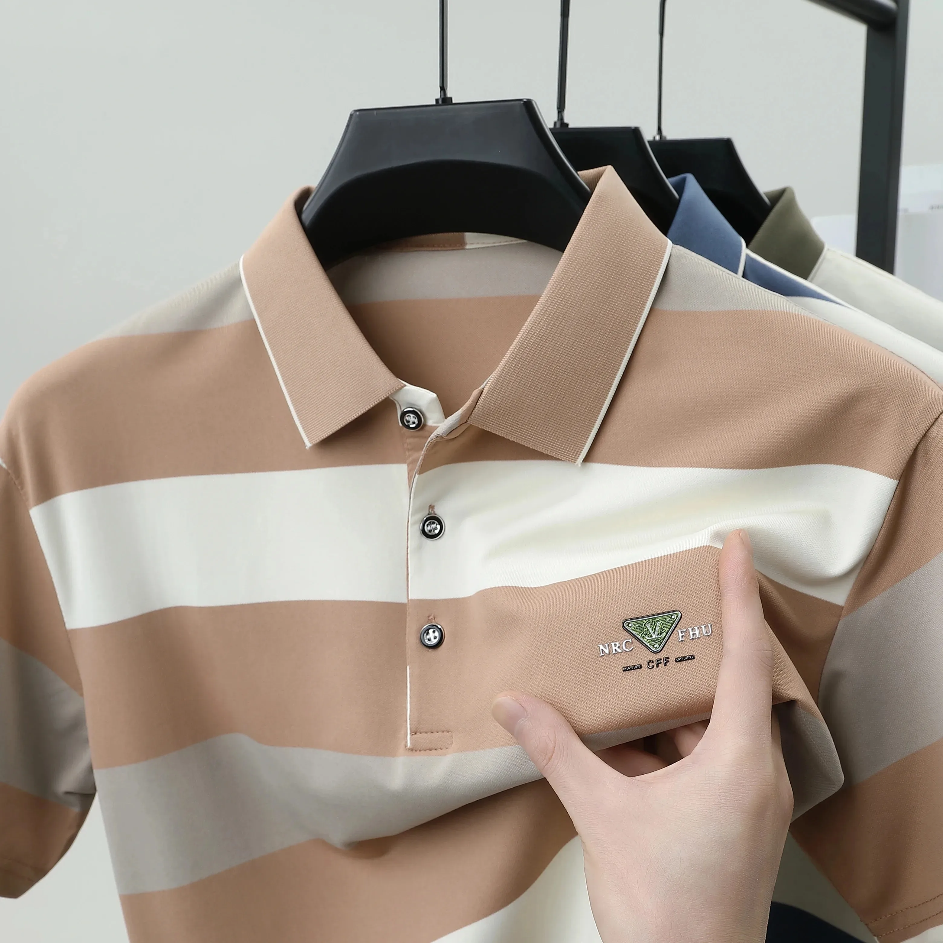 luxury wide stripe color blocked short sleeve polo shirt high-end brand letter embossed T-shirt fashion breathable men's wear