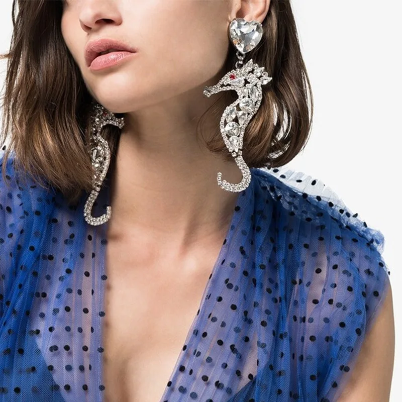 

Массивные серьги-капли в виде морского конька, ювелирные изделия со стразами для женщин, 2021, милые большие серьги с кристаллами в форме сердца, подарок для свадебной вечеринки