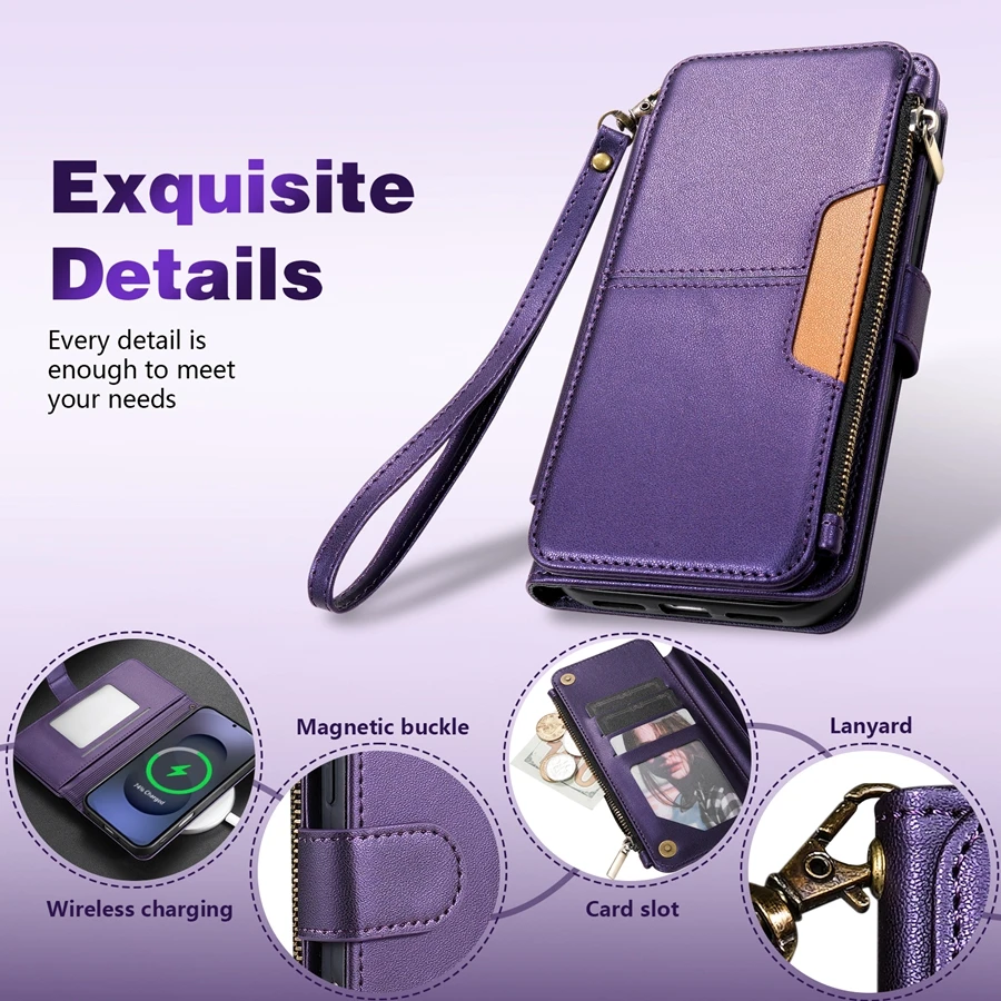 Portemonnee met meerdere kaartsleuven, ritssluiting, standaard, magnetische flip-leren hoes voor Samsung Galaxy S26 Ultra S25 FE S24 Plus S23 S22 S21 S20