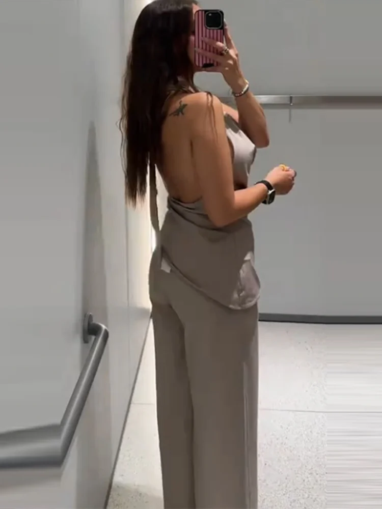 

Sexy Halte Pants Suit Women Fashion sleeveless Ruff Lace Up Top high waist Pant Set Lady Summer office Casual 2 Piece Sets