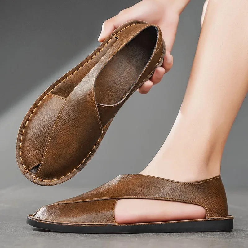 Summer Men Sandals Cut-out Comfortable Plus Size Leather Shoes Man Handmade Sandals Outdoor Casual Driving Sandals for Men