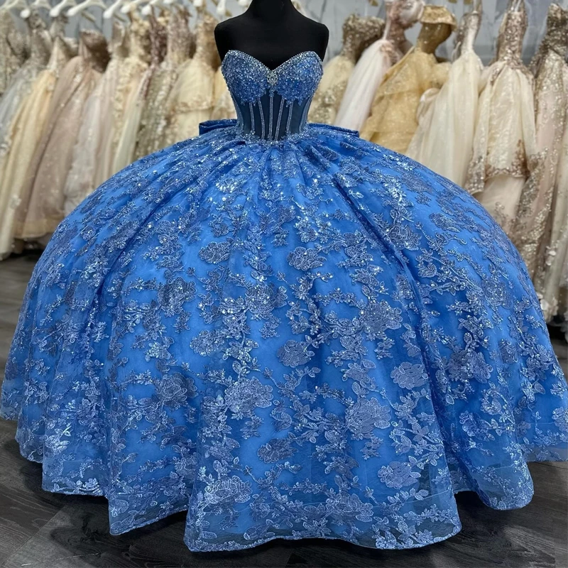 Błękitna błyszcząca z ramienia sukienka na Quinceanera suknia balowa tiulowa koronkowa aplikacja koraliki 16 urodziny vestido de charra 15 años