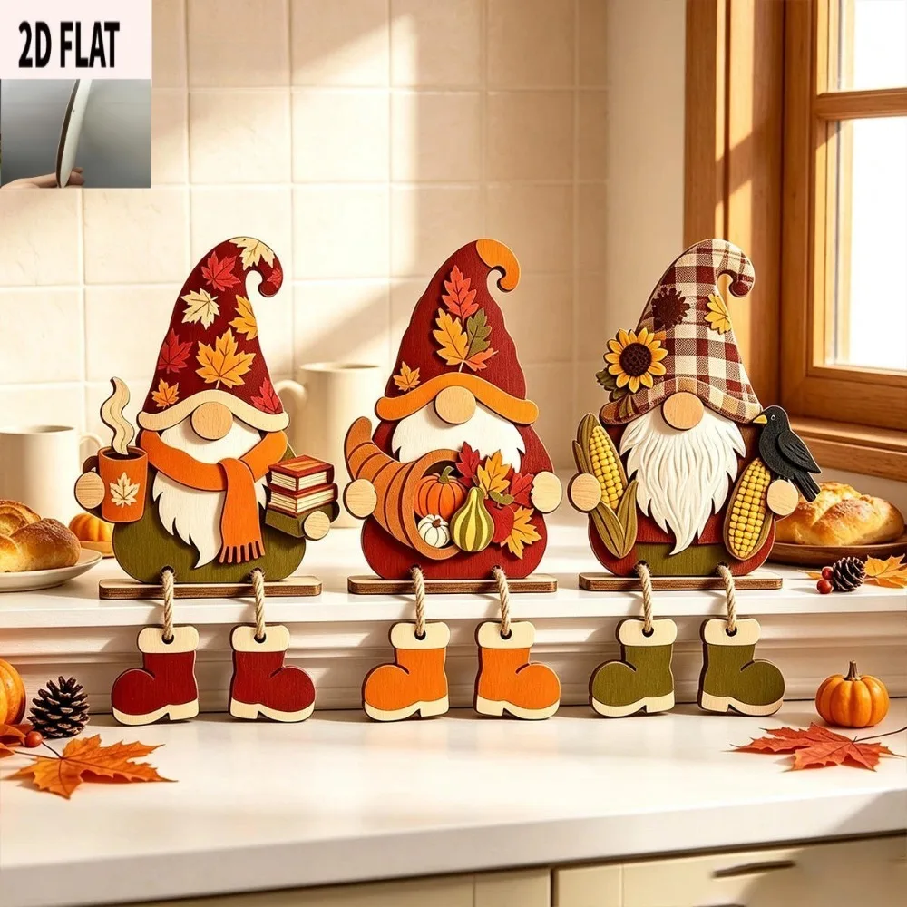 3Pcs 2D Flat Wooden Halloween Dwarf Ornament Vintage Self-Standing Maple Pumpkin Gnome Craft with Legs Harvest Theme