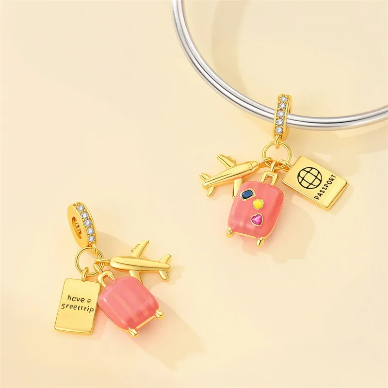 Hot Sales 925 Sterling Silver Luggage Airplane Passport Three Piece Set Charms Pendant Fit Original Bracelet DIY Women Jewelry
