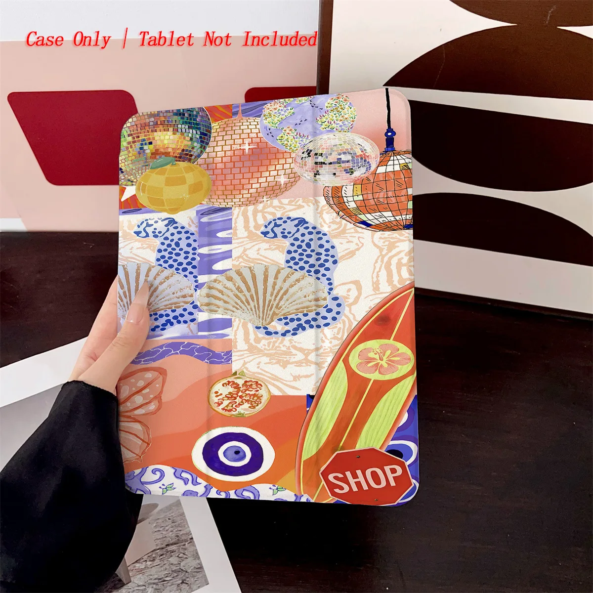 

360° Rotatable Foldable Stand iPad Case - Orange Base Painted Multi-Form Objects Print for Apple iPad Pro/Air/Mini