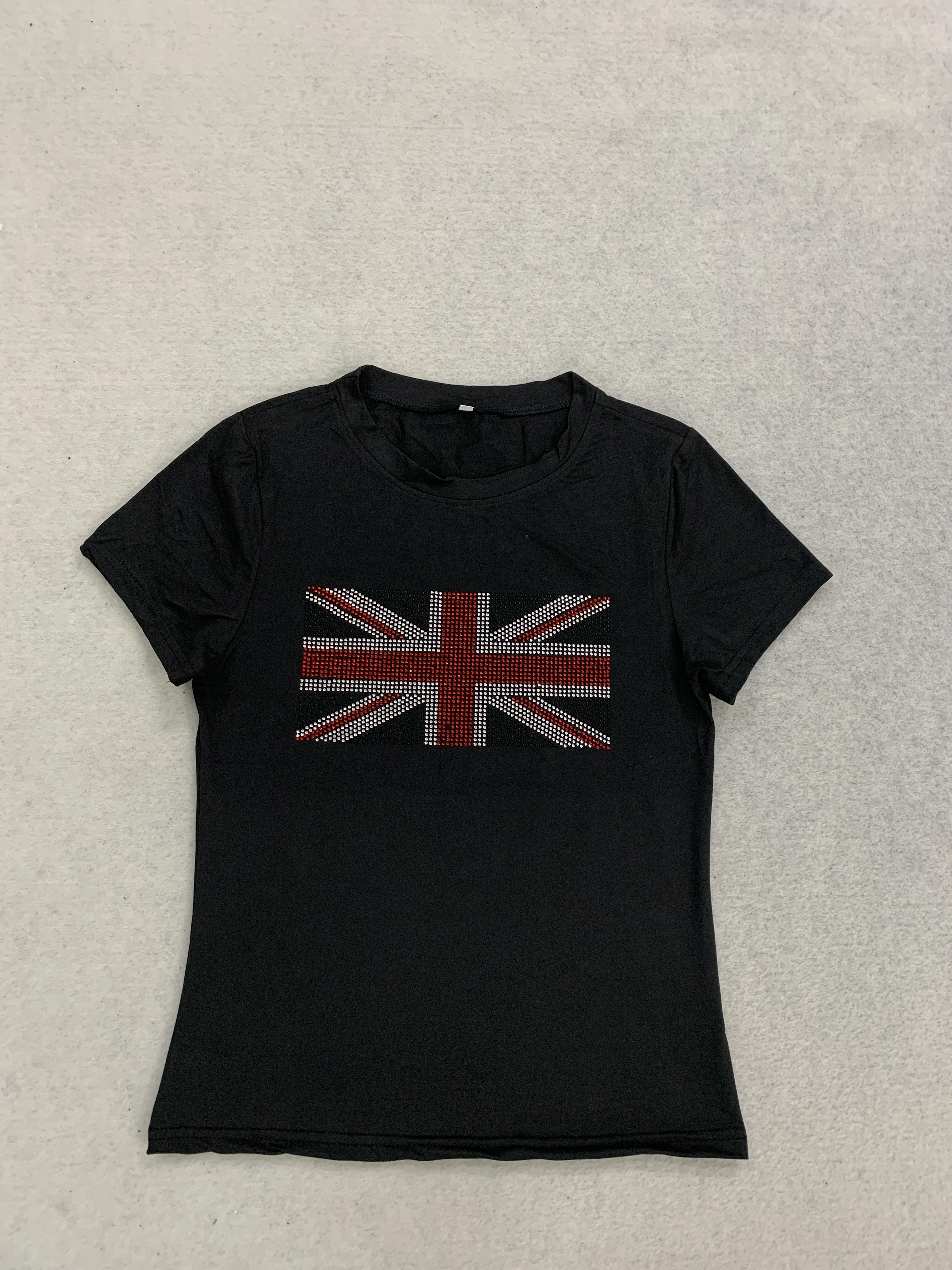 Damen Y2K Kurzes Rundhals-T-Shirt mit Strass-Britain-Flaggen-Print, für Musikfestivals, Casual Street Crop Top – Detail 4
