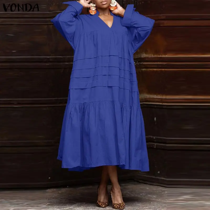 

Женское платье-рубашка VONDA больших размеров 5XL с рюшами, весна-осень 2026, повседневное, с V-образным вырезом, однотонное, миди, свободное, оверсайз, для вечеринок