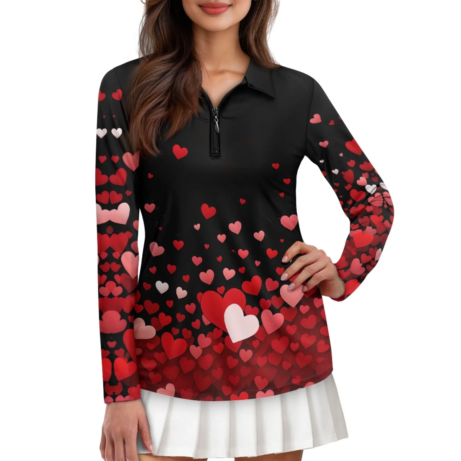 PENSTROLL Red Hearts Pattern Womens Hiking Running Fishing Golf Shirt Athletic Pickleball Tennis Tops for Gym