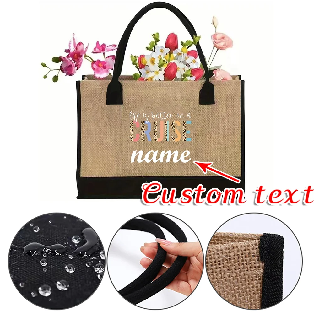 

Льняная сумка для покупок с индивидуальным именем, большая вместительная летняя пляжная сумка на плечо, многоразовая винтажная женская сумка