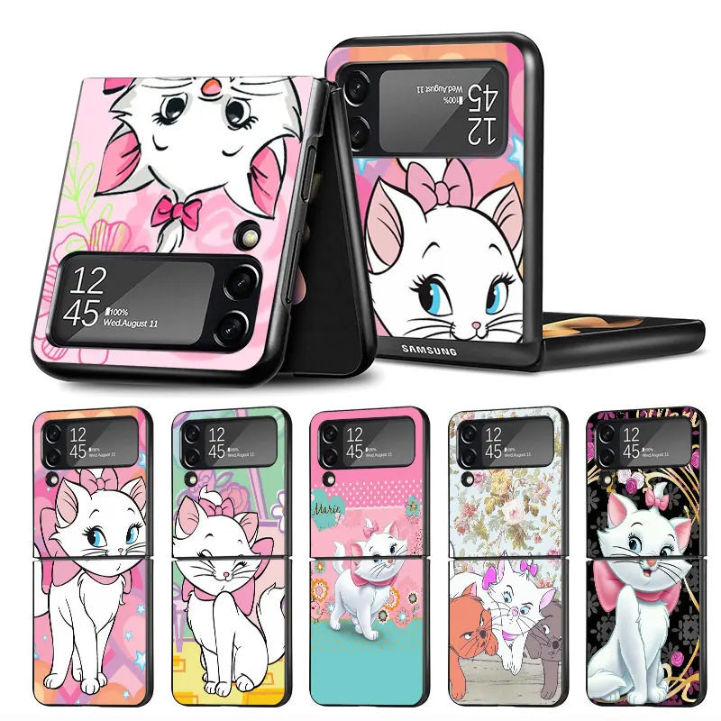 Funda For Samsung Galaxy Z Flip 3 4 5 5G Flip3 Flip4 Flip5 Case Black PC Hard Luxury Back TPU Phone Cover Cute Disney Marie Cat