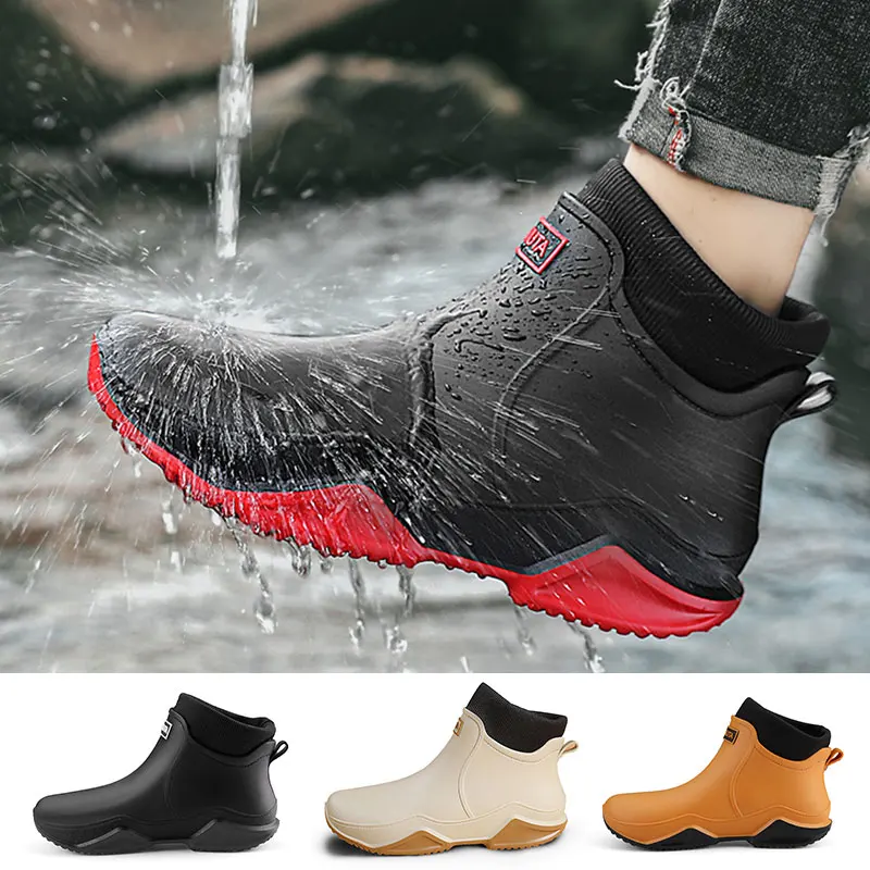 

Women Men Rain Shoes Waterproof Upper Oil Proof Winter Outdoor Water Shoes Plush Lining PU Non-Slip Low Top Rain Boots EU 39-44