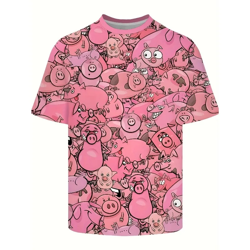 Men Cute Baby Pig 3D Print T‑Shirt Lovely Pink Piglet With Hearts Graphic Short Sleeve Tee Casual Crewneck Streetwear Funny