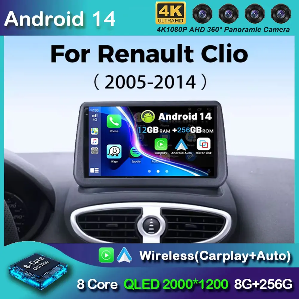 Android 14  Car Radio For Renault Clio 3 2005-2014 Wireless CarPlay Auto 4G Multimedia Player Navigation GPS 2din Autoradio