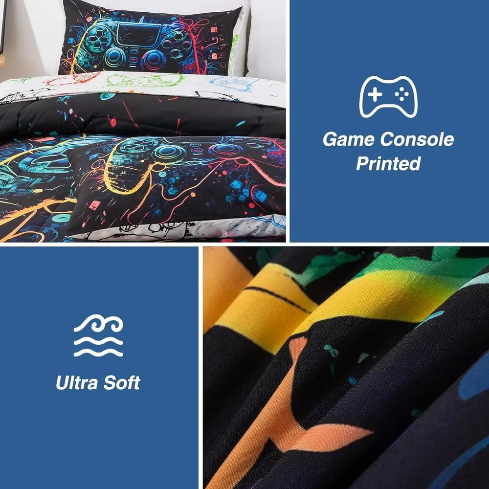 Set trapunta per console di gioco full size da 5 pezzi per bambini e adolescenti con spazio 3D e stampa gamepad