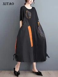 XITAO-Robe patchwork à col rond avec poches, robe WString, pull, mince, décontracté, assressenti, mode, été, nouveauté, 2023, 11666