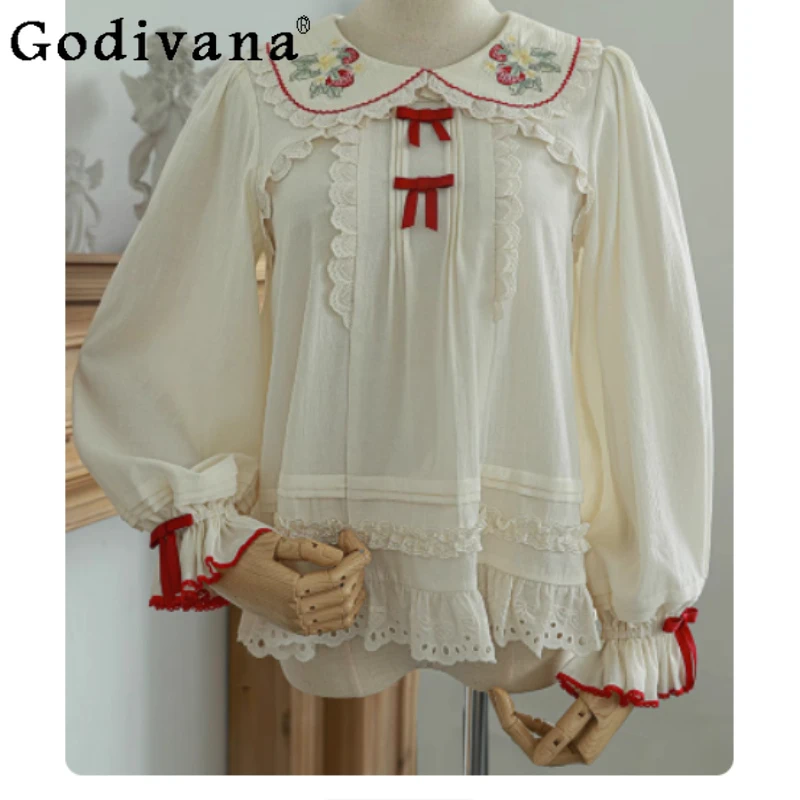 Lente Herfst Zoete Lolita Aardbei Borduren Lange Mouw Dun Shirt Schattig Meisje Leeftijdsreductie Losse Peter Pan Kraag Shirts