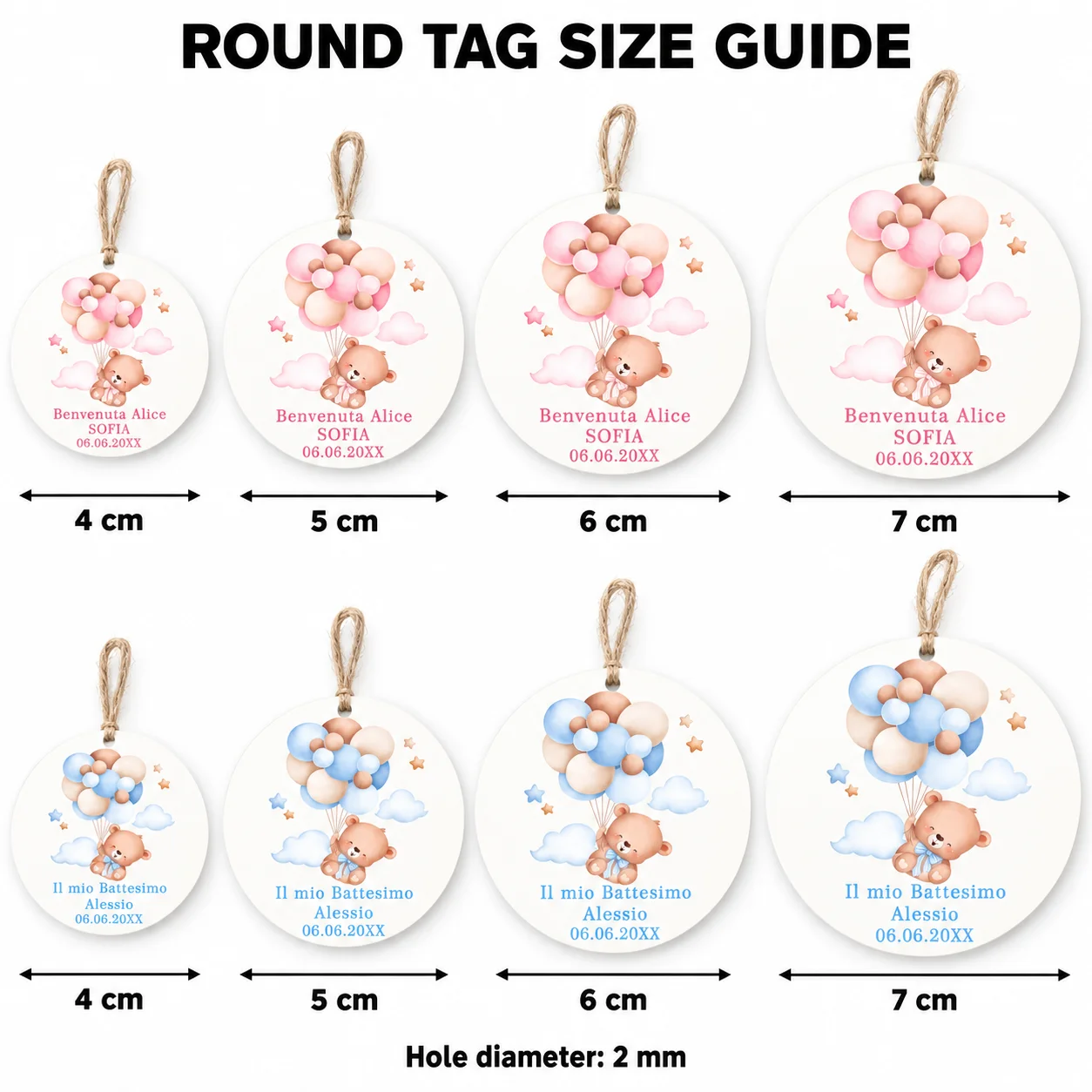 Customized Round Bear-Shaped Balloon Tags, Available in Pink and Blue, Can Be Customized with Names, Dates, and Messages, Suitable for Baptism Celebrations, Birthday Parties, Candy Bags, and Gift Packaging, Allowing Each Gift to Carry a Unique Message