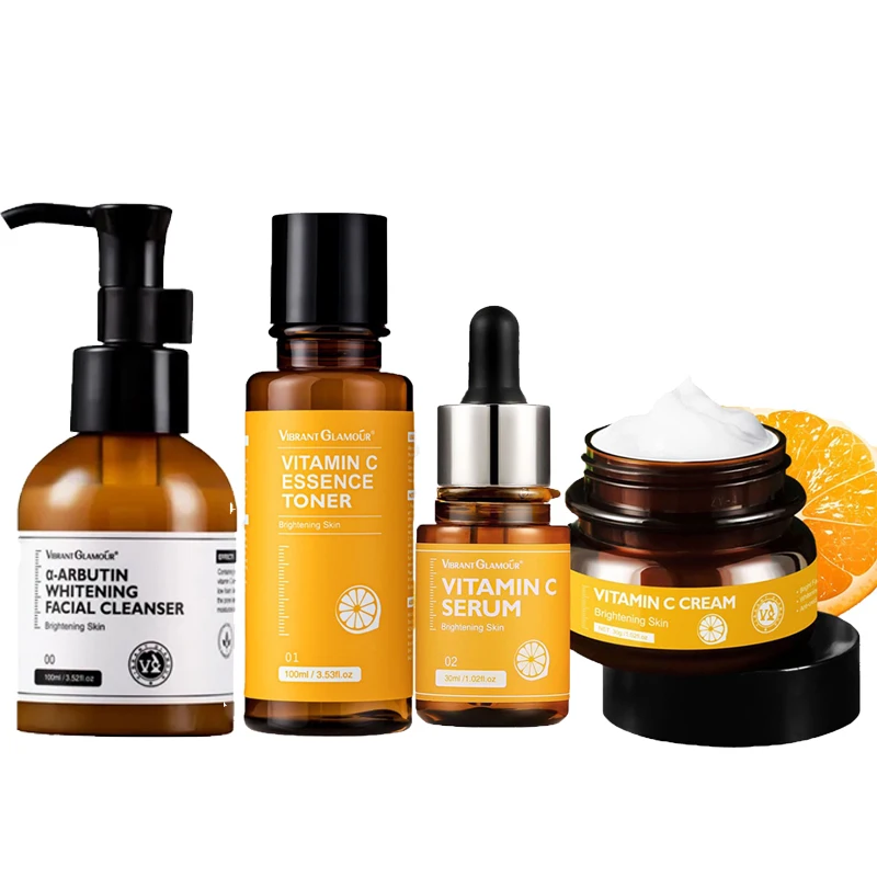 VIBRANT GLAMOUR Vitamin C Whitening A-Arbutin Cleanser +Facial Toner+Face Cream+Face Serum Sets Fading Dark Spot 4PCS