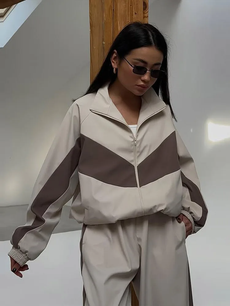 Getäfeltes, langärmliges, übergroßes Oberteil, Hosen-Sets für Damen, Streetwear, Laternenärmel, Reißverschluss, lockerer Mantel, Hose mit weitem Bein, modische Sportbekleidung – Detail 17
