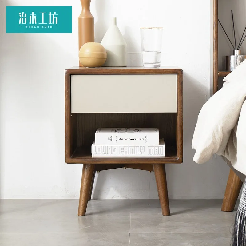 Nordic all solid wood bedside table with pumping modern simple bedroom bedside table ash wood small locker