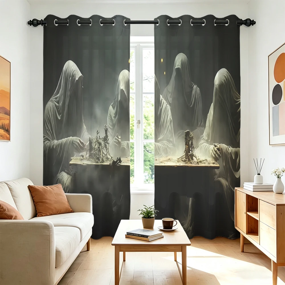 2Pcs Dark Mystic Black Robe Ghost Party Pattern Curtains Perforated Hole‑Punch Blackout Privacy Window Drapes For Living Room