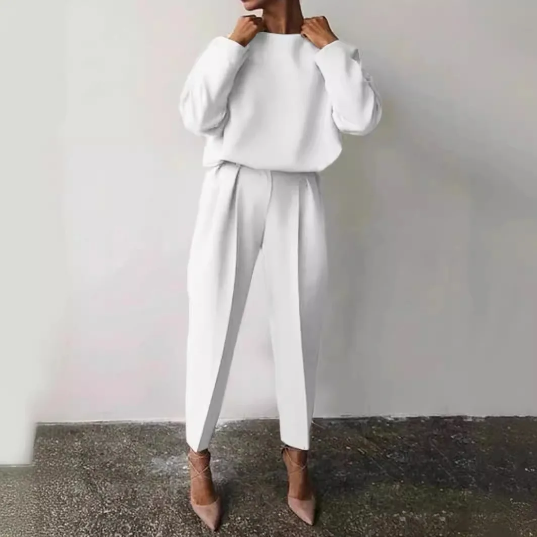 Women Elegant Solid 2 Piece Sets Casual O Neck Pullover Tops And Long Pants Suit Ladies Fashion Loose Outfits Streetwear clothes