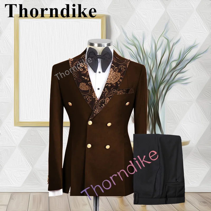 

Thorndike Dark Brown Men's Suits Double Breasted Jacquard Collar Wedding Tuxedo Suit for Men 2 Pieces Blazer Pants Costume Homme