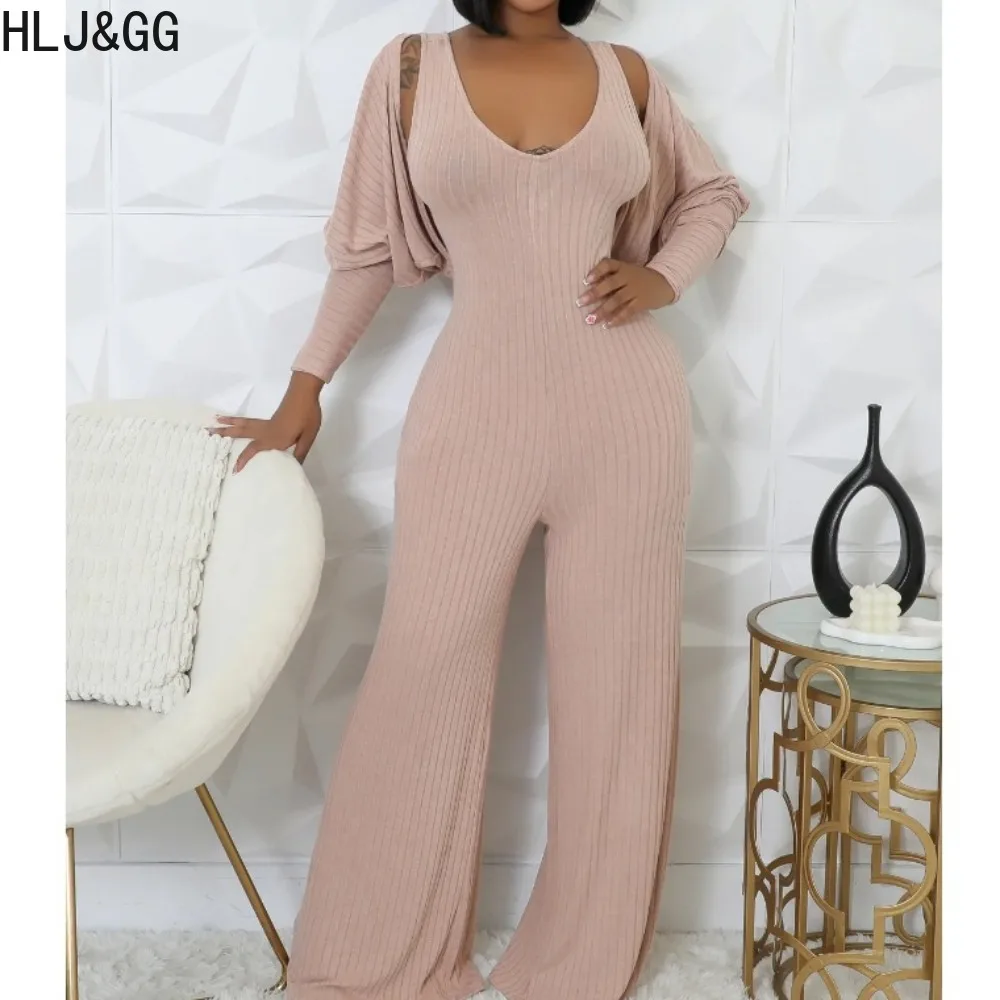 

HLJ&GG Casual Ribber Wide Leg Pants One Pieces Jumpsuits Two Piece Sets Women Sleeveless Playsuit And Long Sleeve Top Outfits