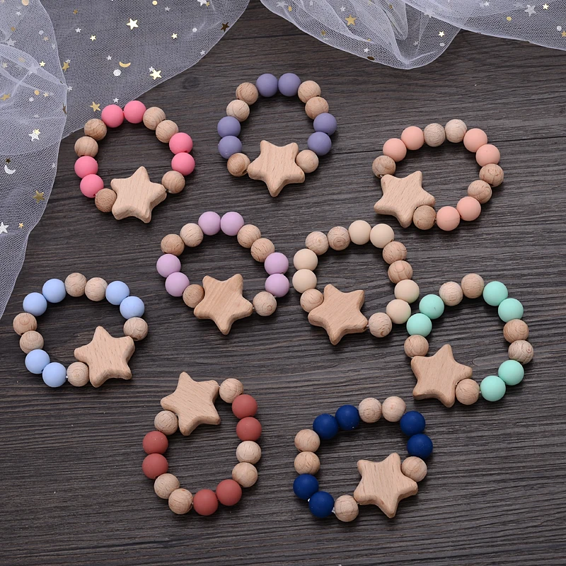 Wooden Pentagram Dummy Holder Chain Beech Wood Chew Bead Pacifier Clips For Baby Nursing Chew Teething Toy Nipple Soother Chain