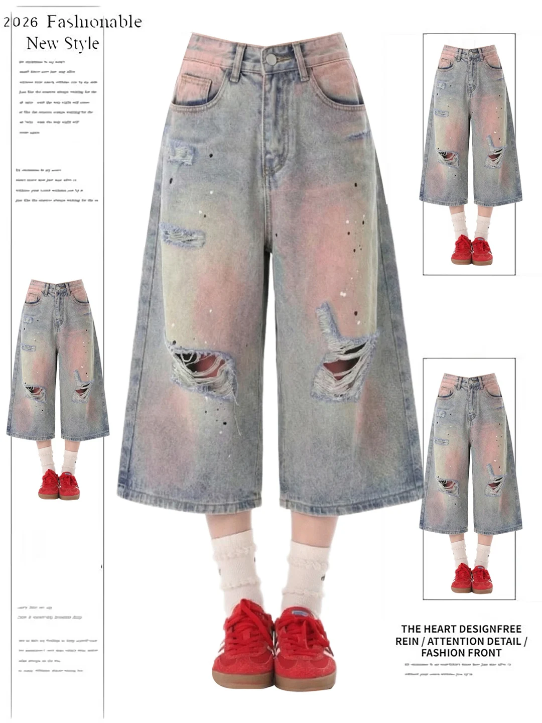 

Retro American Design Women's Summer Denim Shorts High Waist Wide Leg Seven-Foot Washed Outwear Casual Blue Jeans Shorts