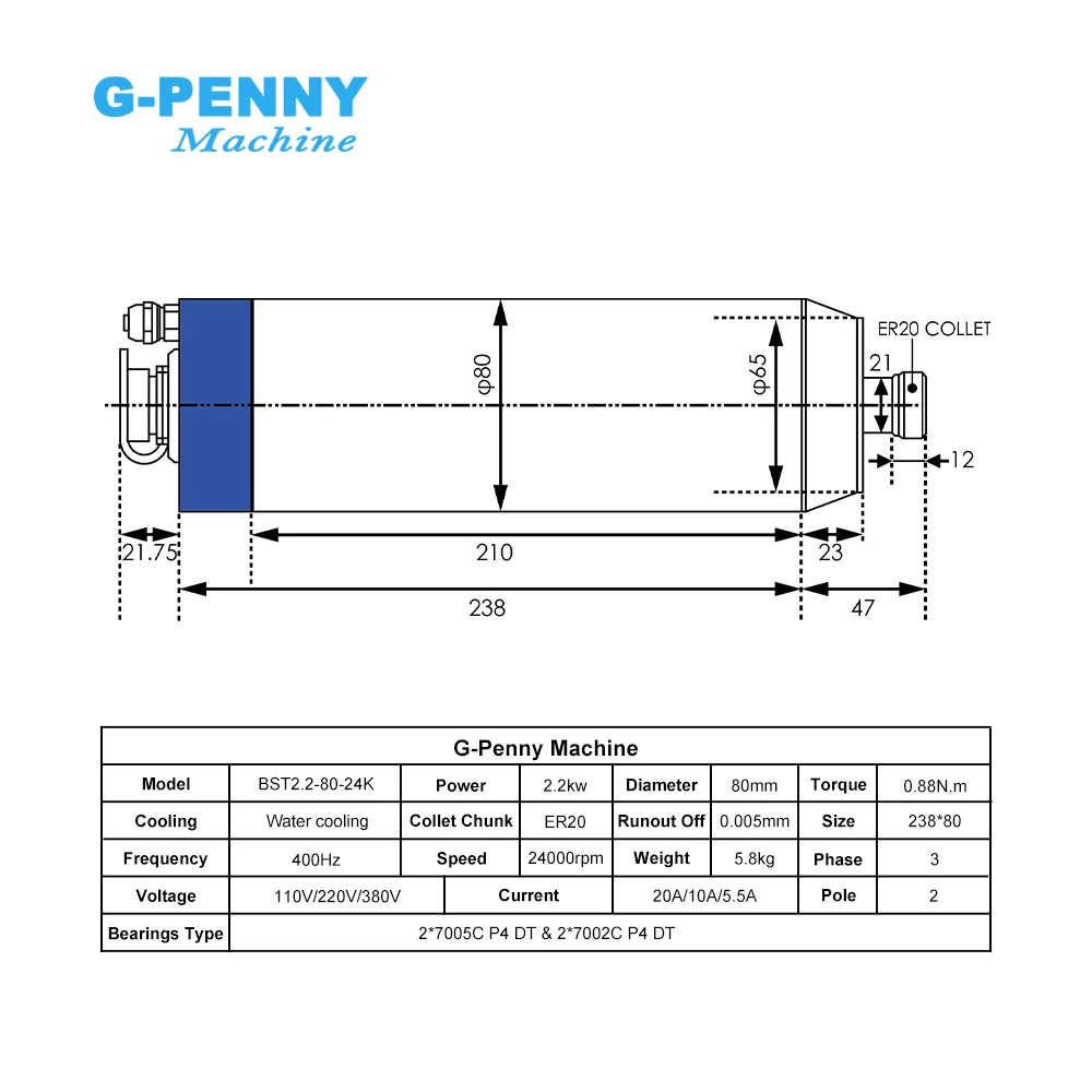 G-Penny 2.2KW ER20 Bullet Water Cooled Spindle Motor 220V 380V 4PCS Ceramic Bearings CNC Spindle For Stone Aluminum Wood Milling