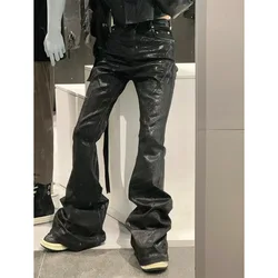 Men Brush Wax Coated Jeans Pure Black High Elasticity Ribbon Men's Jeans Owens Wide Leg Micro Flared Pants
