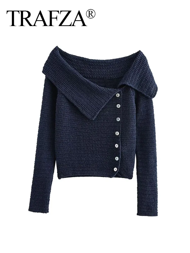 TRAFZA 2024 Female Casual Slim Sweater Top Solid Blue Long Sleeves Single Off Shoulders Breasted Autumn Vinatge Knitted Sweater