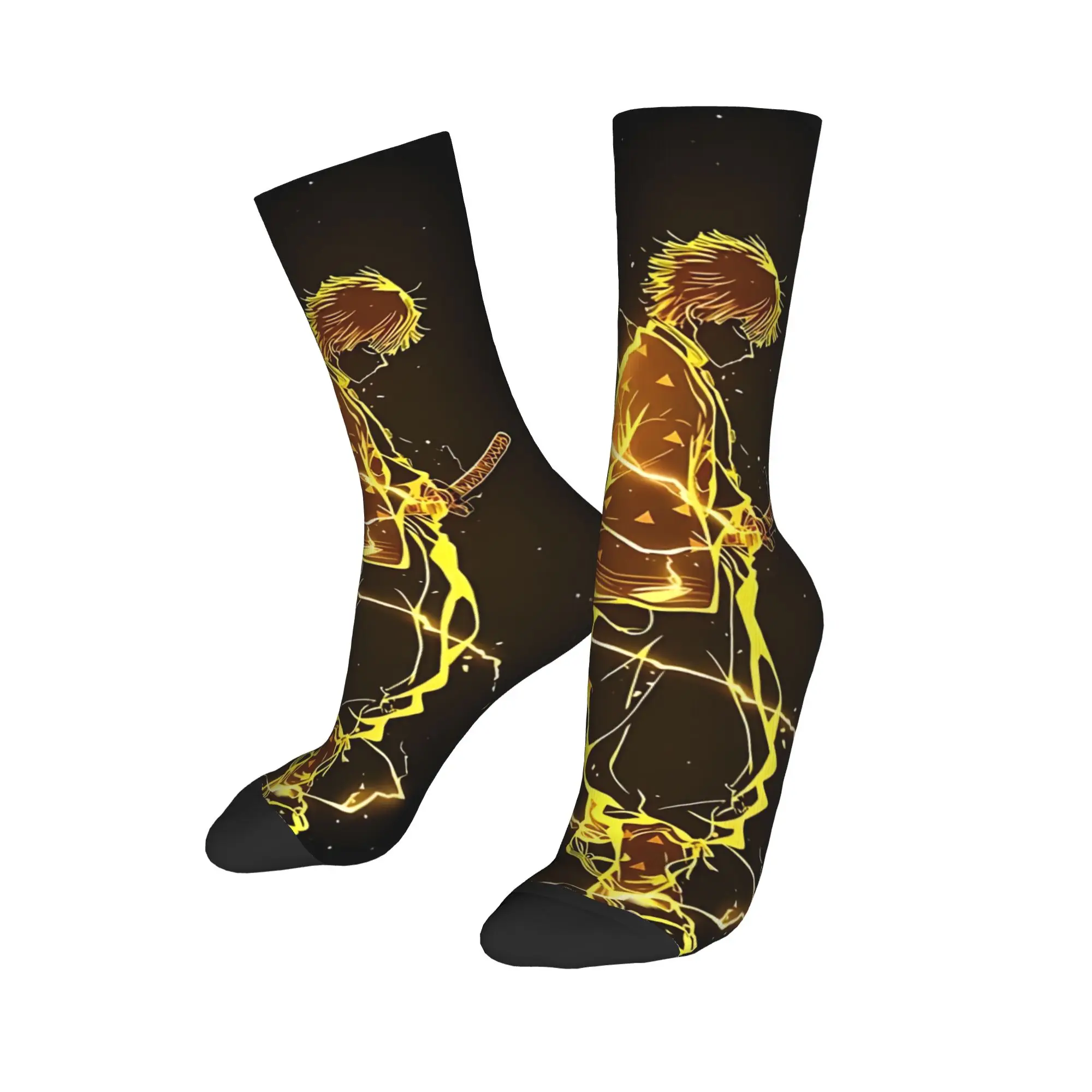 Funny Sock Bandai Demon Slayer Zenitsu Agatsuma Lightning  Rock Seamless Pattern Printed Men Crew Socks Novelty Men's Socks