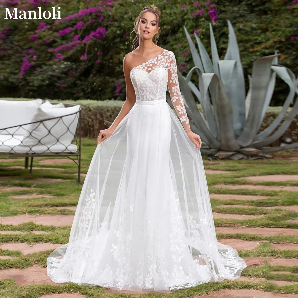 

Elegant One Shoulder Mermaid Wedding Dress Detachable Tulle dress long sleeved lace romantic wedding dress customization