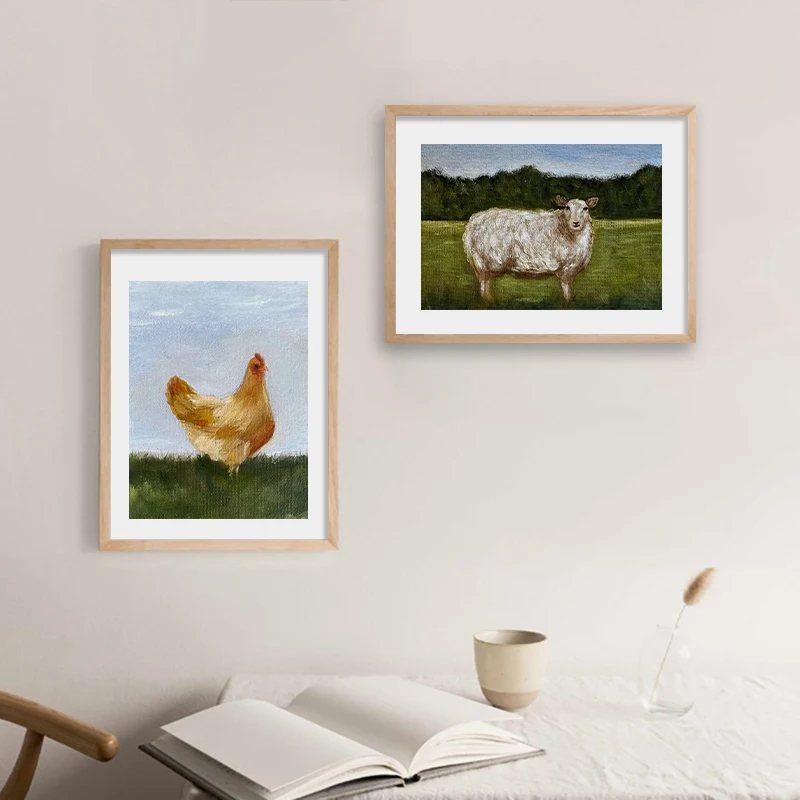 Impresión artística de pintura al óleo de pollo, impresión de naturaleza muerta de ovejas, arte de pared vintage de granja, pintura en lienzo, imágenes de animales de granja, decoración campestre