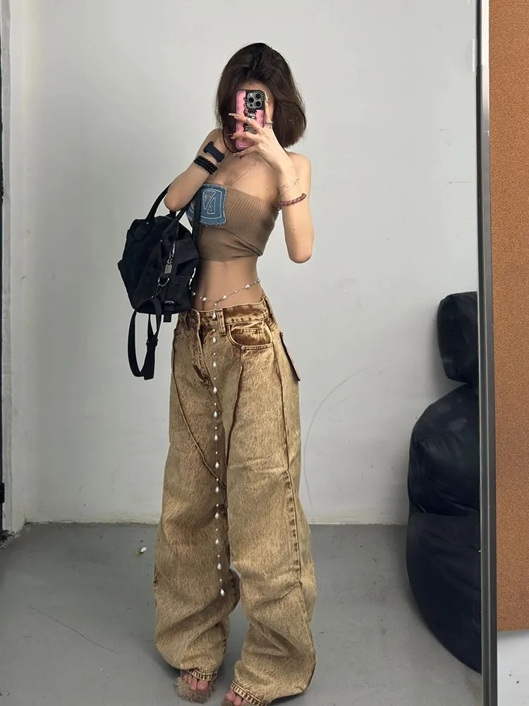 American Retro Cargo Pants Oversized Fashion Baggy Wide Leg 2024 Spring Summer Women Y2K Grunge Streetwear Style Denim Trouser