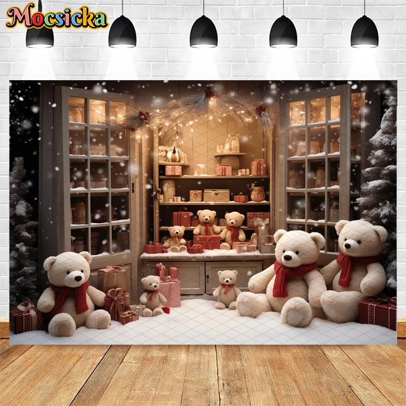 Mocsicka-Fond de photographie de Noël d'hiver, fenêtre, magasin de jouets, ours mignon, enfant, fête de famille, décor de portrait, toile de fond, studio photo
