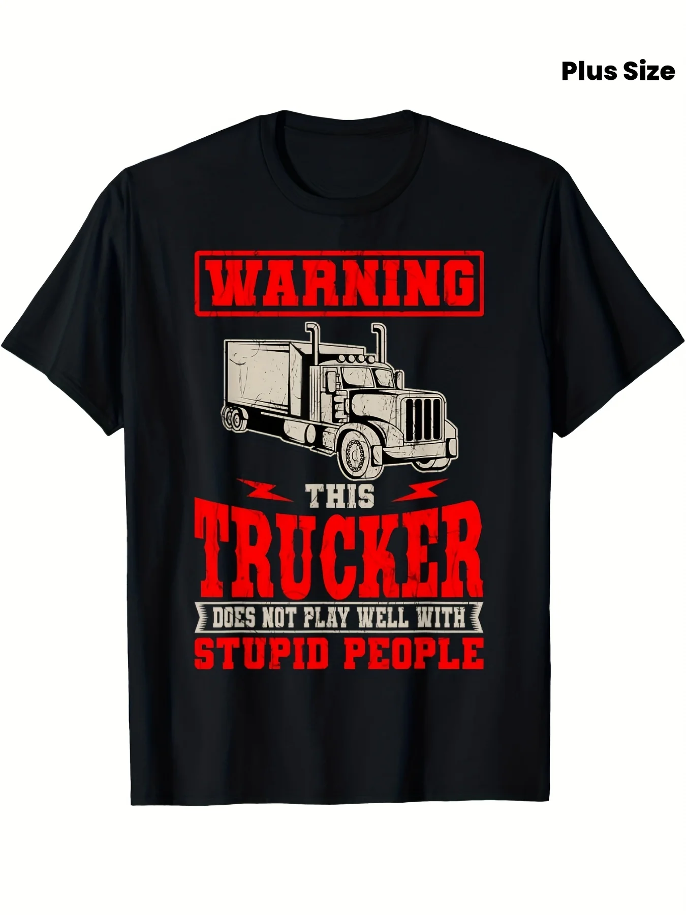 'S Heavy Duty Trucker T-Shirt - Union Member & Semi-Truck Graphic with 18-Wheeler Design, Plus Size Big & Tall, 'Warning This Trucker' Slogan, Casual Workwear for Truck Drivers, Machine Washable (Black), PLUS SIZE