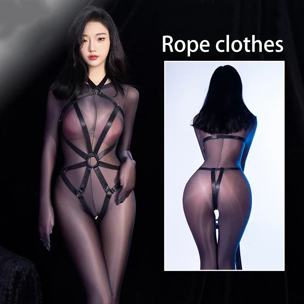 여성 섹시 란제리 고탄성 블랙 로프 의류, SM 본디지 나이트클럽 와일드 매력적인 타이트 시스루 점프수트