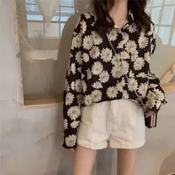 Daisy Print Women's 2023 Shirt Spring and Autumn New Korean Cardigan Version Retro Loose Slimming Long Sleeves All-match Blouses
