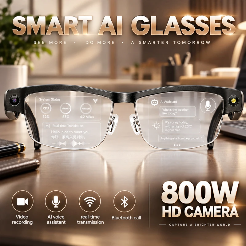 800W Video Shooting Intelligent Glasses MIC+ Noise Reduction Smart AI Object Recognition Record Voice Assistant Smart Glasses