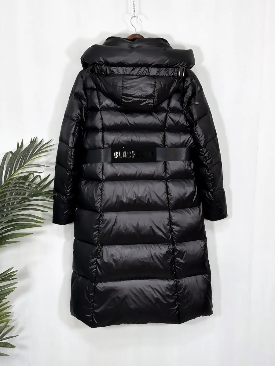 Gänsedaunenjacke für Damen, lang, 2024, Winter, neue dicke Kapuze, lose Mäntel, koreanische Mode, warme, schlanke Jacken mit Gürtel