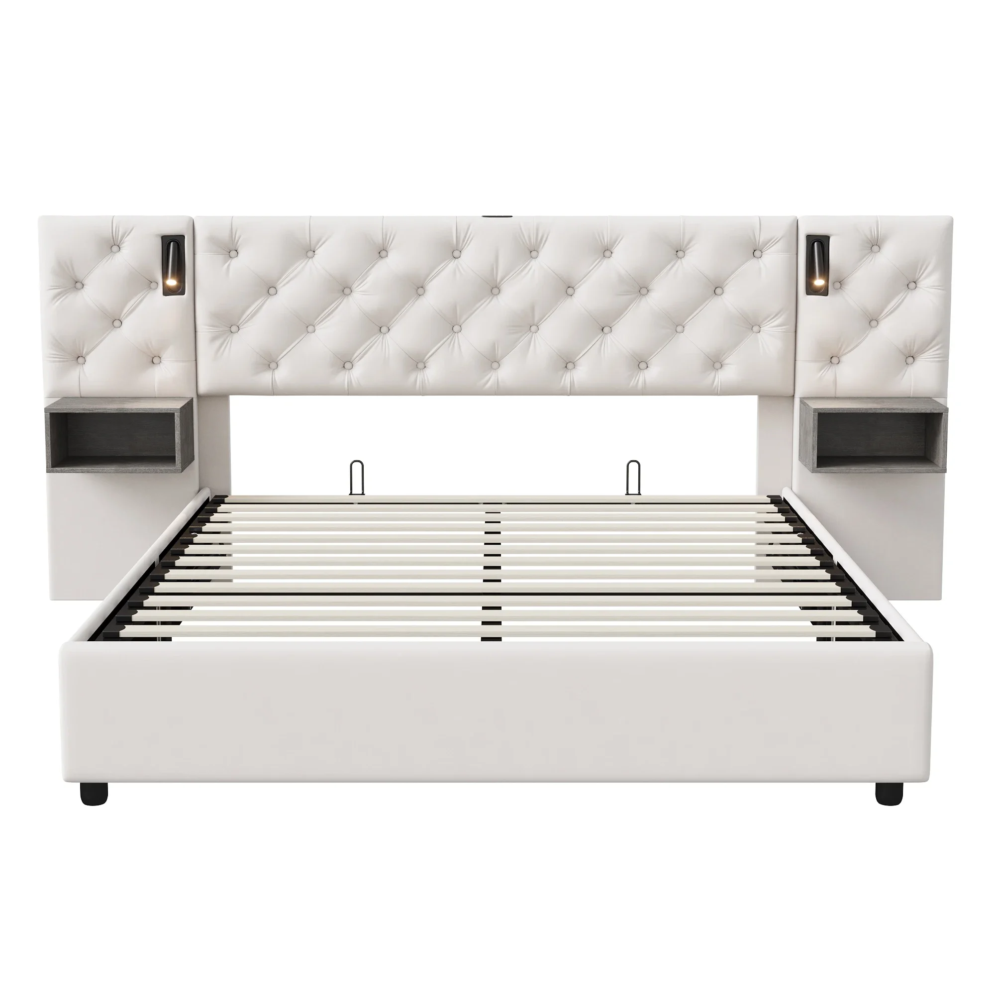 Rosahqnda Polsterbett, Doppelbett, 160 x 200 cm, mit 2 Nachttischen, mit LED und USB, hydraulisches Stauraumbett, Samtbeige